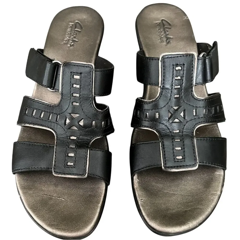 Clarks Bendables Ella Celtic Sandals 8.5 Black Leather Laser Cutout Wedge Slide